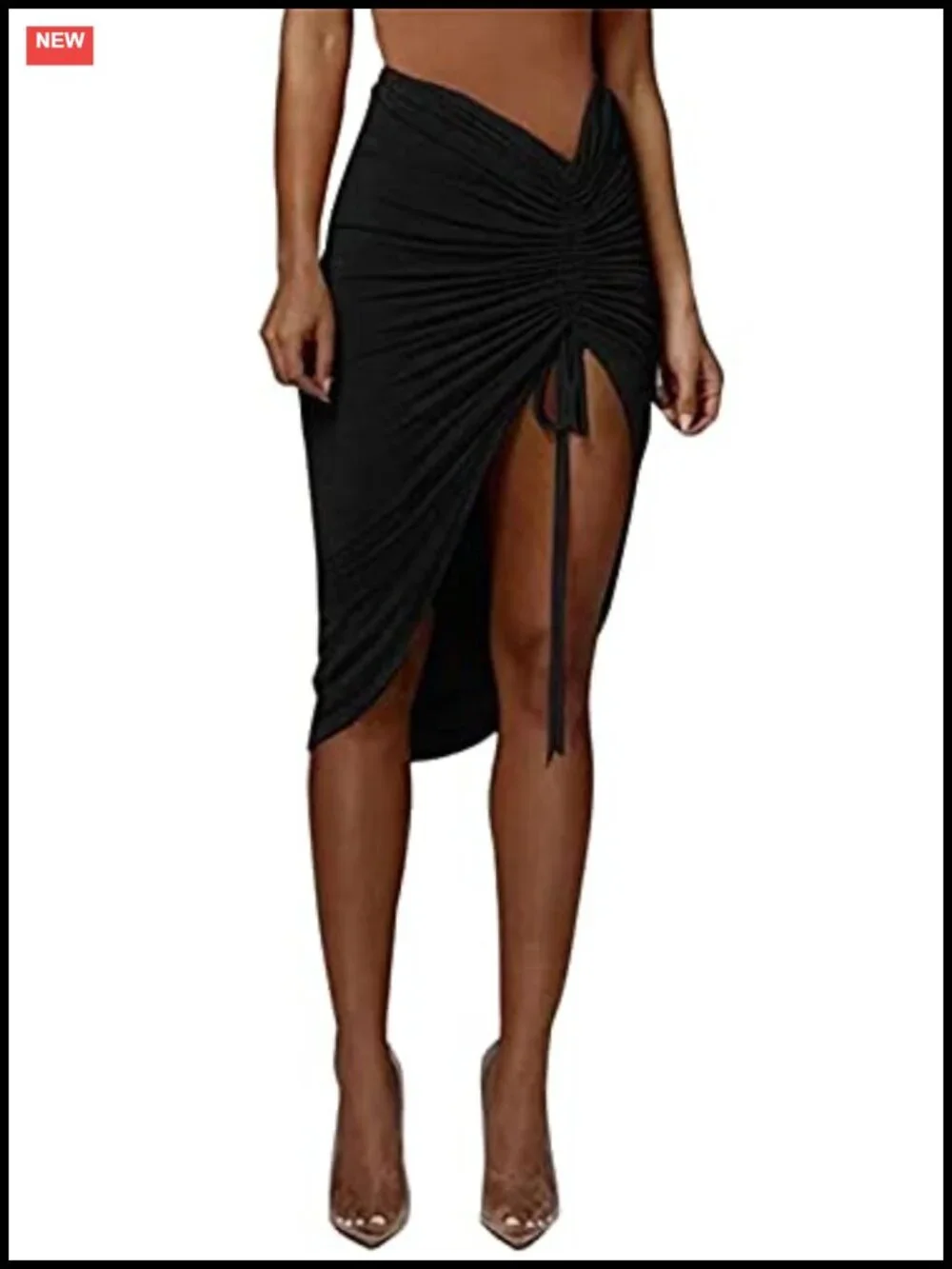 Bodycon Midi Skirt with Thigh High Slit, Ruched Drawstring, High Waist